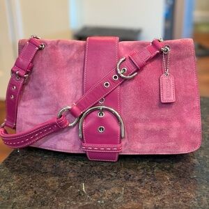 Y2K Coach Pink Suede SoHo Flap Shoulder Bag with Leather Strap